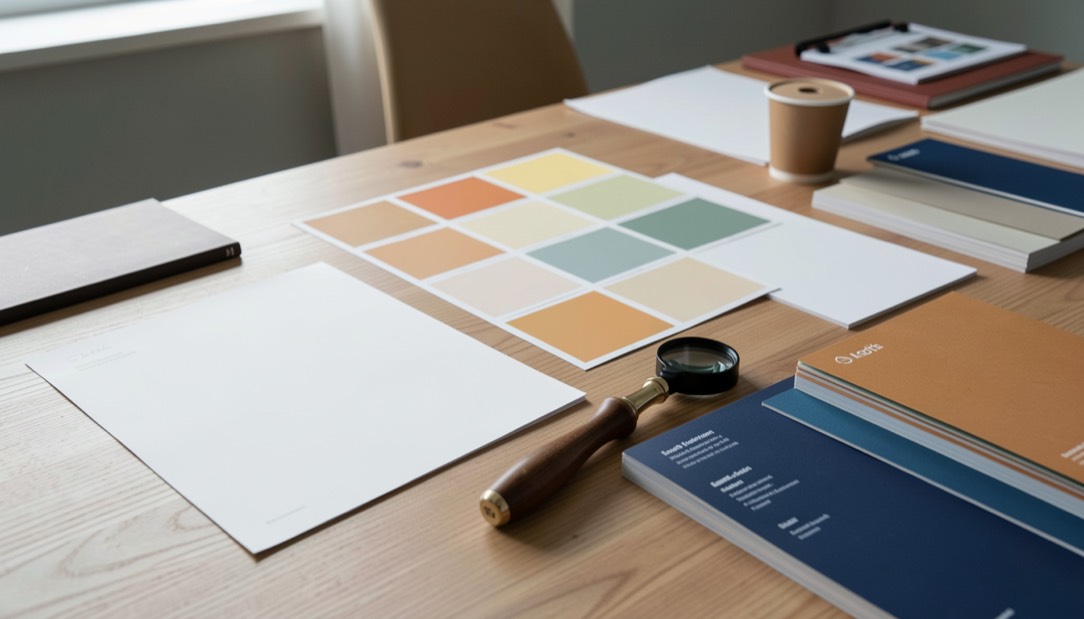 A calm commercial print floor with paper, press controls and finishing tools