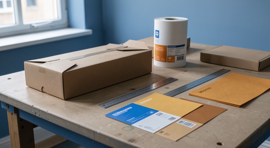 Packaging & Labels: tools and materials arranged for a professional production decision