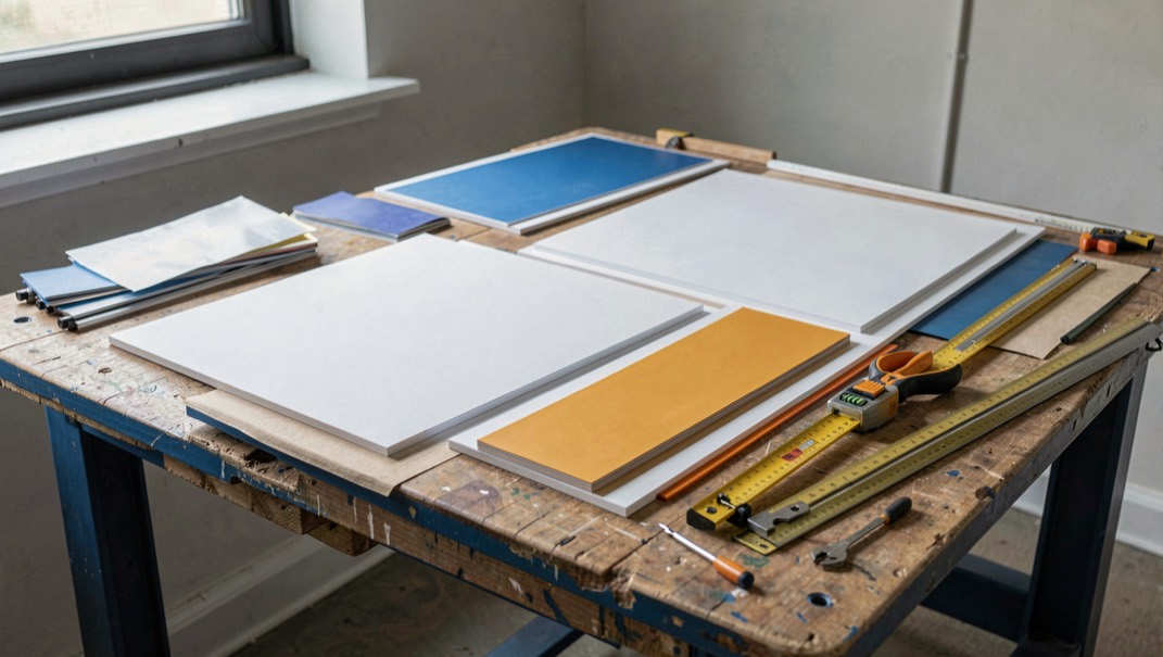 Signage & Branding: tools and materials arranged for a professional production decision