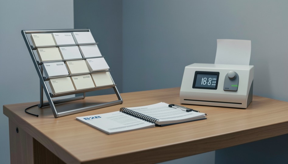 Workplace Systems: tools and materials arranged for a professional production decision